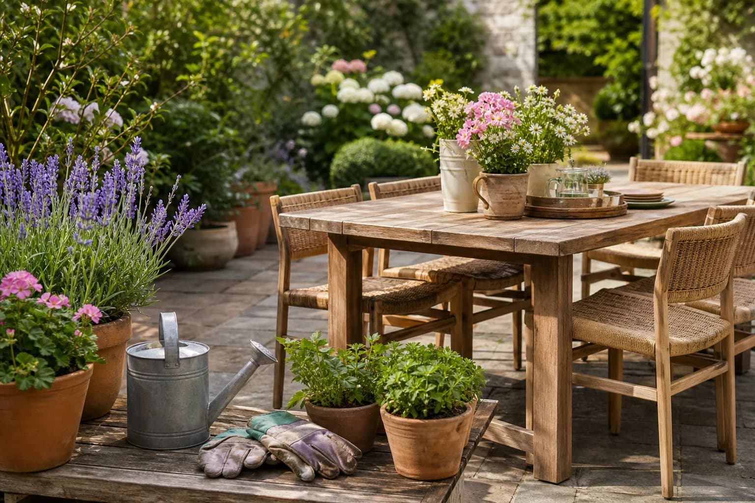 Gartenwerkzeuge und Topfpflanzen auf einem Gartentisch